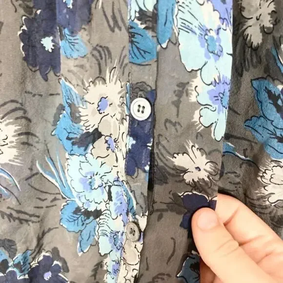 Nwot Karen Kane Blouse XL SILK Chiffon Sheer Floral Blue Roll-Tab-Long-Sleeve - Picture 7 of 11